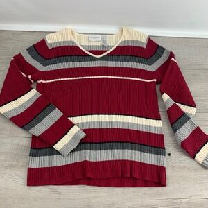 Liz Claiborne Lizsport Womens Red Striped V-Neck Cotton Cable Knit Sweater Large